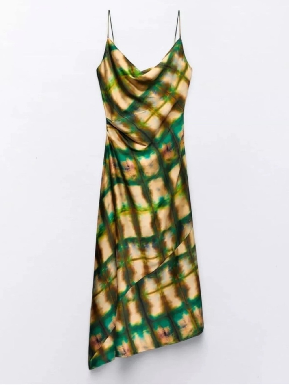 ZARA Green and Yellow Tie Dye Satin Effect Slip Dress Size X-Small